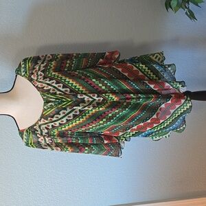 BEIGE BY ECI Aztec Boho Print Sheer w/Tank Rounded Neckline Top Tunic Sz Large